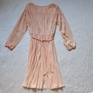 Vintage Peach Sheer Midi Dress - Long Bishop Sleeves - Estimated Medium